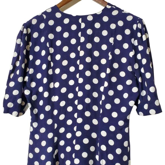 Vintage Express Polka Dot Dress 9/10 Blue White Button Front Rayon Midi Womens - Picture 5 of 11